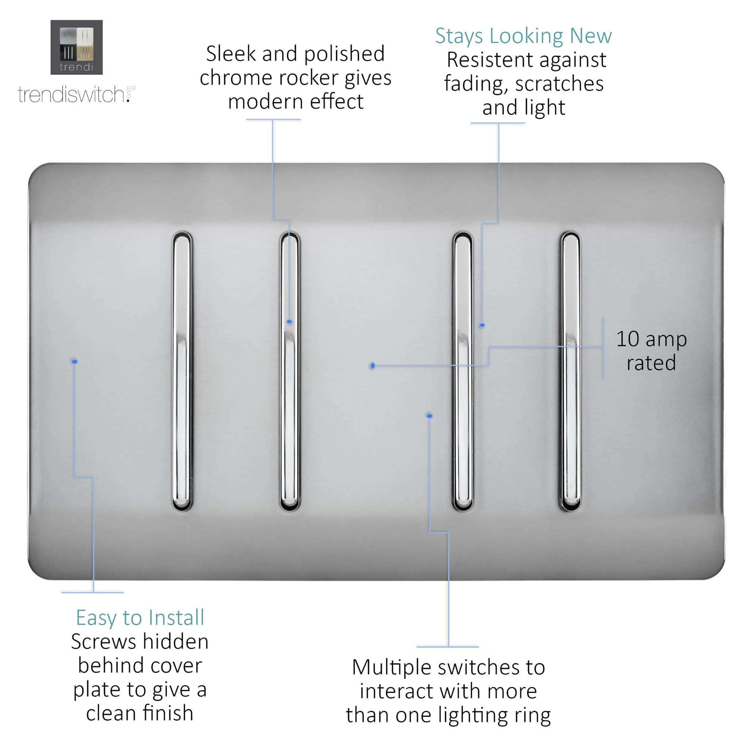 4 Gang (3x2 Way 1x3 Way Intermediate) Brushed Steel ART-SS2229BS  Trendi Brushed Steel